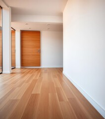 Warm oak wood flooring against a crisp white wall, bright, natural, domestic