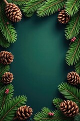 Lush fir branches and rustic pine cones border, evergreen foliage, snow-kissed trees