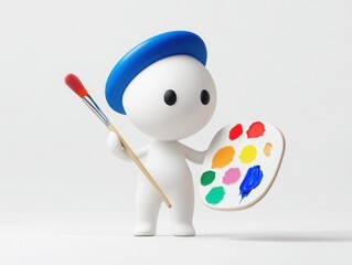 Cute 3D character painter with palette and brush on white background