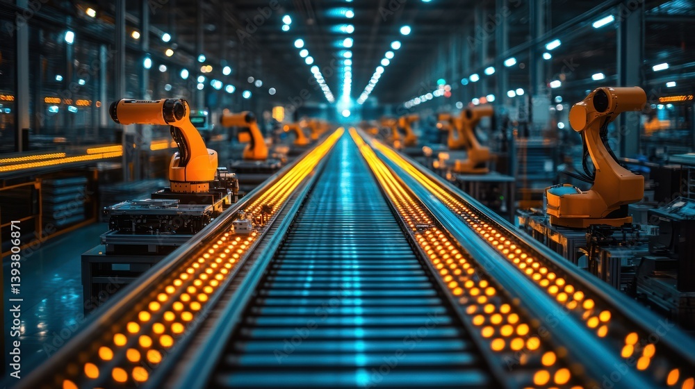 Poster robotic assembly line in modern factory: a high-tech industrial setting showcases a futuristic robot