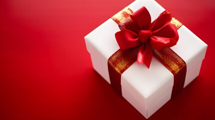 White Gift Box with Red Bow and Gold Glitter Ribbon