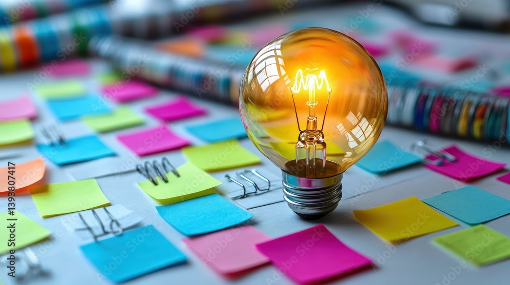Poster illumination of innovation: a brilliant lightbulb glows brightly amidst a colorful array of sticky n