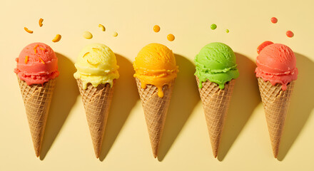 Playful Ice Cream Cones with Expressive Faces and Bright Colors on Vibrant Yellow Background