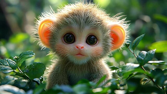 Adorable Baby Monkey: A captivating image of a baby monkey with large, expressive eyes, soft fur, and prominent ears, nestled amidst lush green foliage.