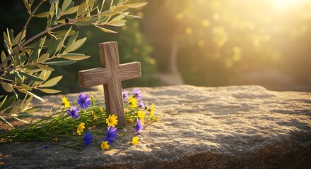 A rustic wooden cross lies on a stone surface, surrounded by olive branches and colorful wildflowers, softly lit by golden sunset light, evoking peace, faith, and spiritual reflection.