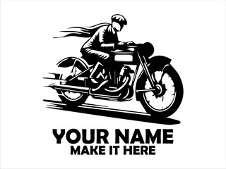 Dynamic monochrome illustration of a vintage motorcycle rider speeding forward with motion lines emphasizing velocity and classic design. logo vector design