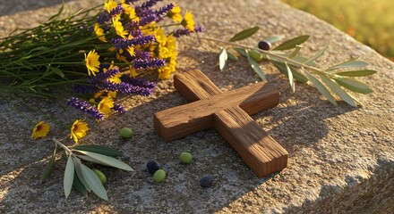 A rustic wooden cross lies on a stone surface, surrounded by olive branches and colorful wildflowers, softly lit by golden sunset light, evoking peace, faith, and spiritual reflection.