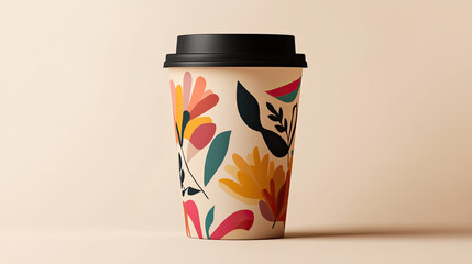 Colorful patterned reusable coffee cup featuring floral abstract designs and black lid. Generated AI