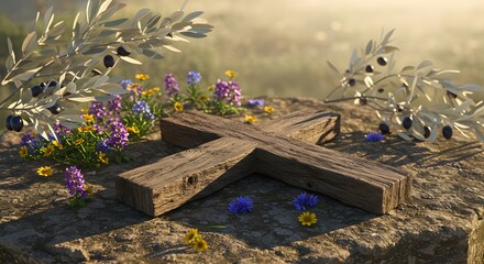 A rustic wooden cross lies on a stone surface, surrounded by olive branches and colorful wildflowers, softly lit by golden sunset light, evoking peace, faith, and spiritual reflection.