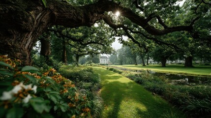 A Picturesque Estate Path: A sun-dappled path winds through a manicured garden, leading towards a grand estate bathed in golden light. A serene scene, highlighting the beauty of the natural world.