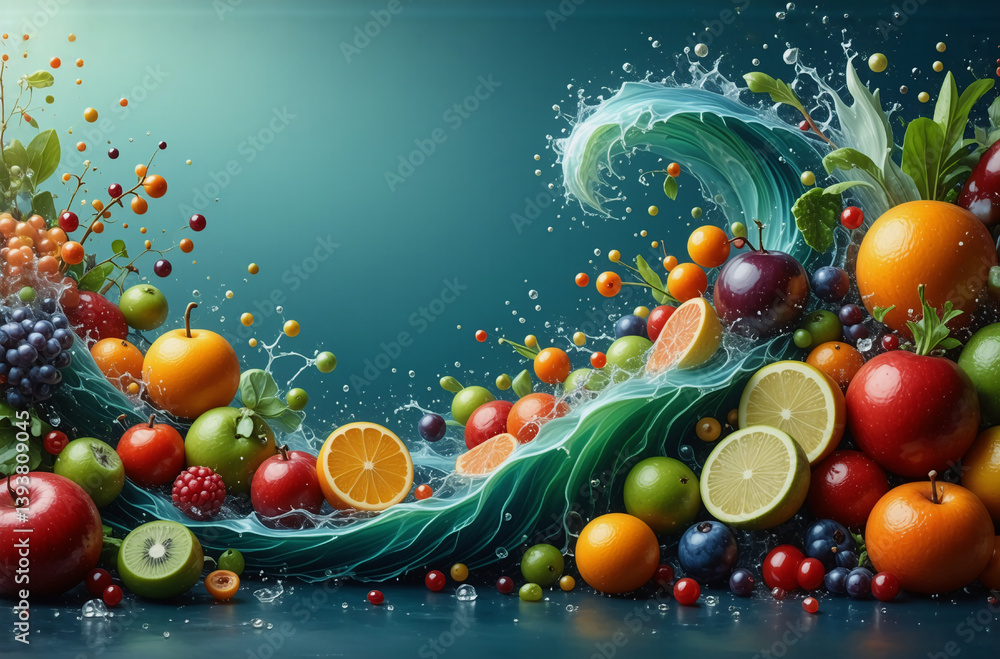 Poster a vibrant array of fresh fruits including apples, oranges, grapes, and kiwi are playfully arranged w