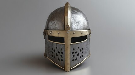 Medieval great helm, silver, gold trim, isolated.