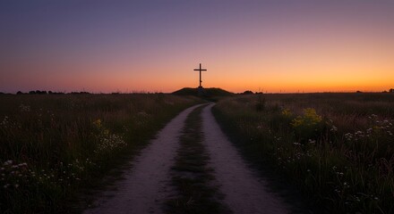 A dirt path leads through a peaceful field of wildflowers to a large cross on a hill at sunset, evoking a sense of spiritual journey and hope.