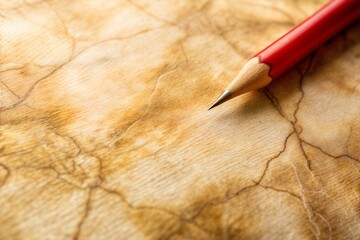 Red pencil on textured parchment paper with earthy tones