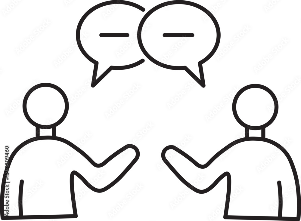 Poster two people are depicted in simple line drawing, engaged in conversation with speech bubbles above th