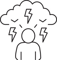 person is depicted under cloud with lightning bolts, symbolizing stress or anxiety. simple black and white line art conveys sense of mental pressure or emotional turmoil