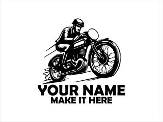 Dynamic monochrome illustration of a vintage motorcycle rider speeding forward with motion lines emphasizing velocity and classic design. logo vector design
