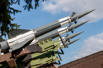 The missiles are aimed to the sky. Nuclear bomb, chemical weapons, missile defense, a system of salvo fire. Armed conflict. Military concept