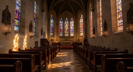 A peaceful church interior filled with candlelight and sunlight streaming through vibrant stained glass windows, creating a sacred and serene atmosphere for prayer and reflection.