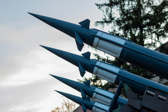 The missiles are aimed to the sky. Nuclear bomb, chemical weapons, missile defense, a system of salvo fire. Armed conflict. Military concept