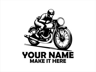 Dynamic monochrome illustration of a vintage motorcycle rider speeding forward with motion lines emphasizing velocity and classic design. logo vector design