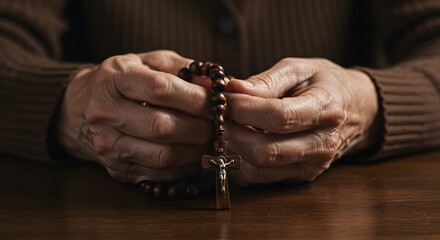 Close-up of elderly hands gently holding a wooden rosary with a crucifix, symbolizing deep faith, devotion, and the quiet act of personal prayer.