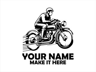 Dynamic monochrome illustration of a vintage motorcycle rider speeding forward with motion lines emphasizing velocity and classic design. logo vector design