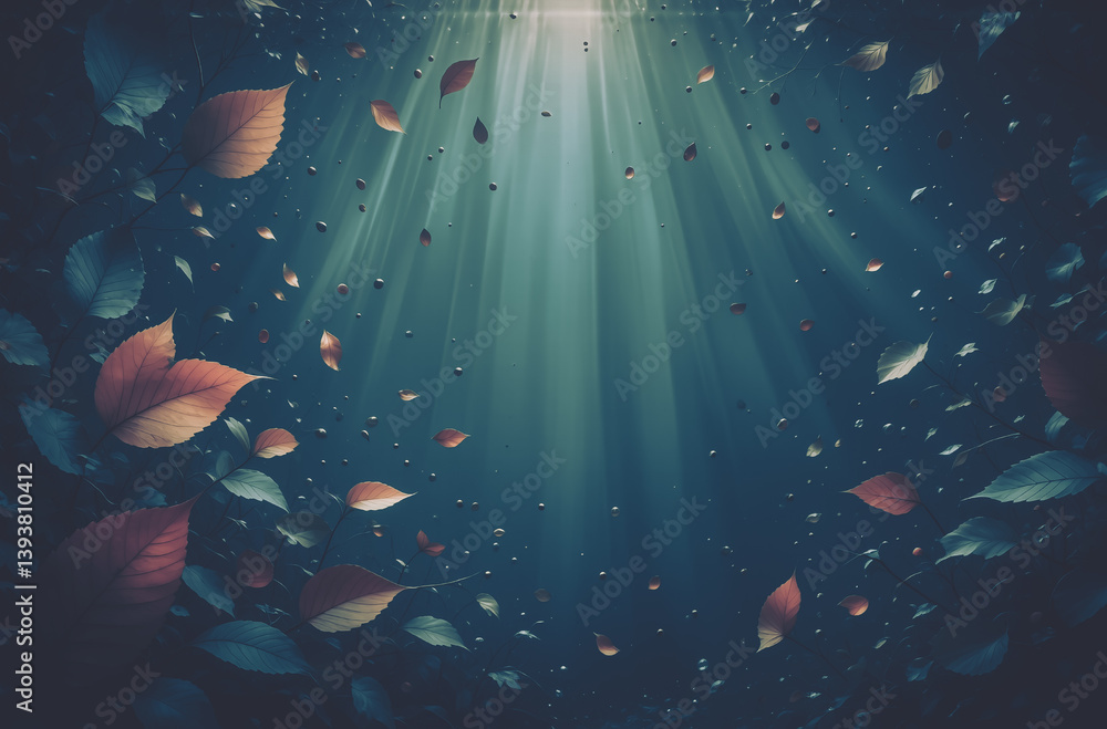 Poster leaves fall as rays of light stream from above, illuminating a dark and moody scene. the varied colo