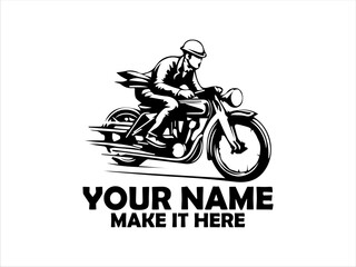 Dynamic monochrome illustration of a vintage motorcycle rider speeding forward with motion lines emphasizing velocity and classic design. logo vector design