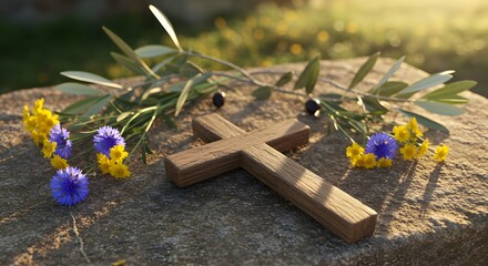 A rustic wooden cross lies on a stone surface, surrounded by olive branches and colorful wildflowers, softly lit by golden sunset light, evoking peace, faith, and spiritual reflection.