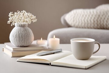 A night owl working efficiently in a cozy workspace with candles and dim lighting