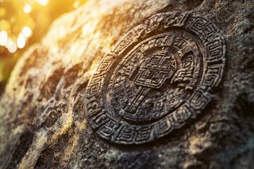 Ancient Mayan stone carving depicting intricate glyphs and symbols, possibly a calendar or ritualistic scene.