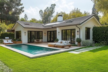 Modern white bungalow with grey shingle roof, large backyard with green grass, and pool on the left side at a California beach home.