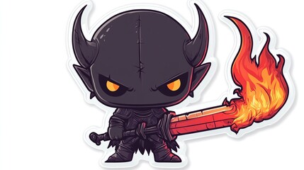 Cute demonic chibi warrior holding fiery sword.