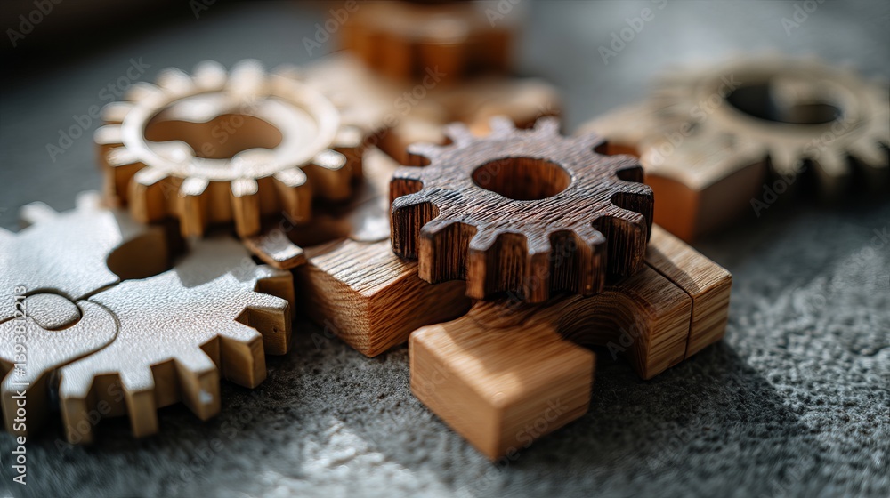 Poster wooden gears and puzzle pieces interlocking teamwork concept brown beige natural light up craft clos