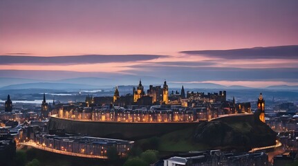 Obraz premium Edinburgh skyline lit up at dawn.generative.ai