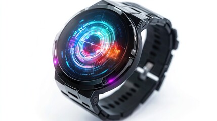 Futuristic smartwatch with vibrant, colorful display.