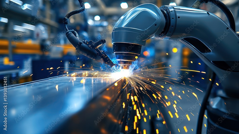 Poster technological precision: a close-up view of robotic arm in action, welding a metal component, captur