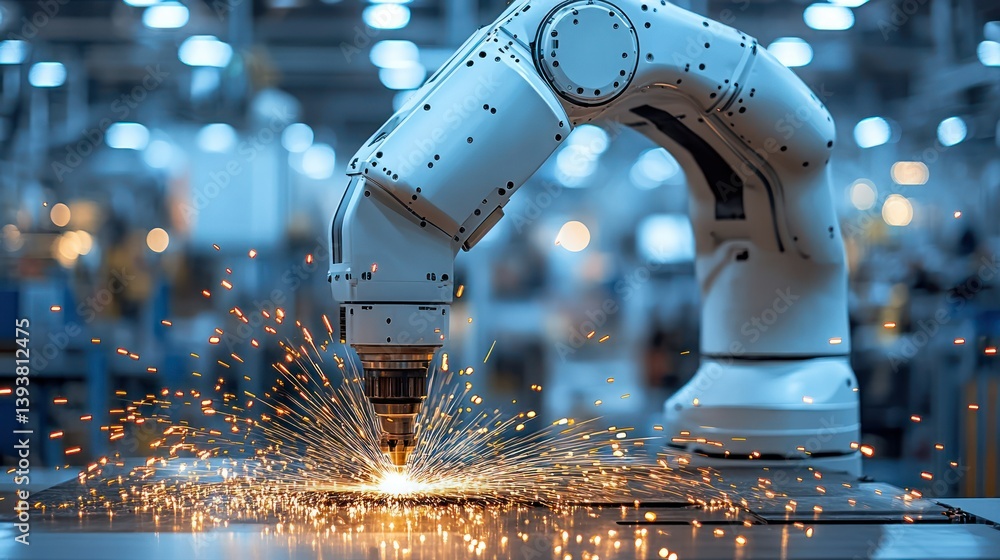 Poster industrial automation: a cutting-edge robotic arm, performing precise welding with a dazzling displa