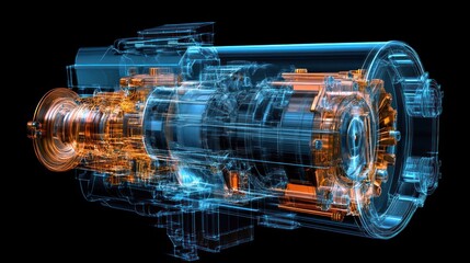 3D rendering of an engine's internal components, showing detailed mechanics, with transparent lines, in a vibrant blue and orange color scheme, highlighting engine parts.