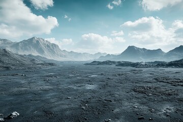 Vast, desolate, rocky landscape stretches beneath a pale sky, with distant, hazy mountains