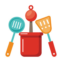 Isolated kitchenware set features a white plastic spatula, black handle ladle, metal spoon, and steel fork cooking tools