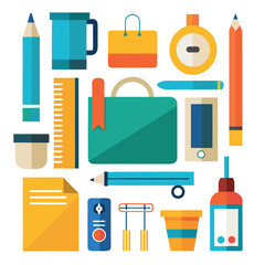 Vector flat design stationery, school, and office icons set illustration