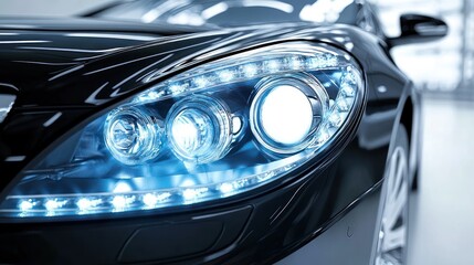 Close-up of a modern car's LED headlights.