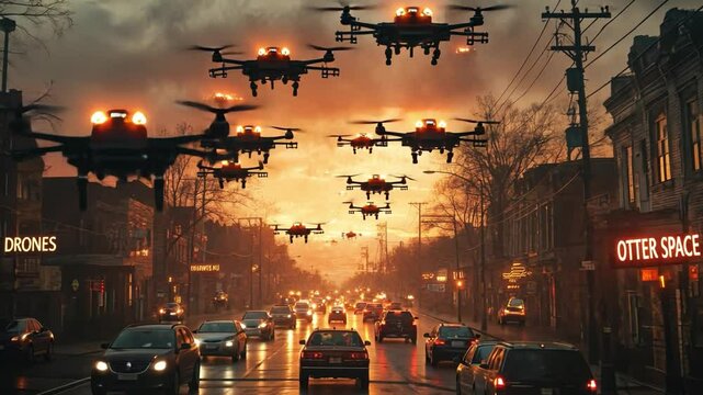 Drone Swarm Above Town: An armada of drones hovers menacingly over a bustling city, casting an ominous atmosphere as they navigate through the evening sky, a convergence of technology and urban life.