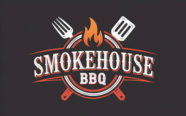 Smokehouse BBQ Logo with Flame Motif and Grilling Utensils
