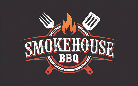 Smokehouse BBQ Logo with Flame Motif and Grilling Utensils - Powered by Adobe