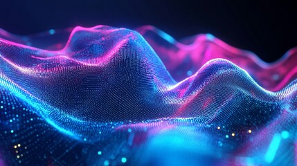 Abstract futuristic landscape with glowing particles and vibrant neon colors