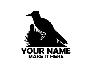 Stylized roadrunner bird standing proudly amidst various cacti and desert foliage in a bold, contrasting blue and white illustration. roadrunner bird vector design and roadrunner bird vector logo