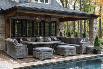 Obraz premium Gray outdoor wicker patio dining set with table, chairs, aluminum-gray sofa, square corner couch with ottomans, and two small side tables beside the pool.